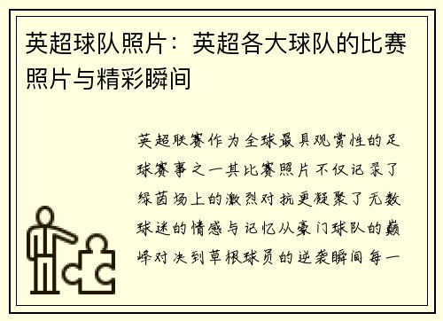 英超球队照片：英超各大球队的比赛照片与精彩瞬间