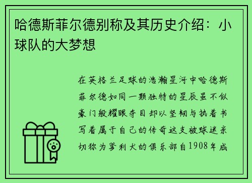 哈德斯菲尔德别称及其历史介绍：小球队的大梦想